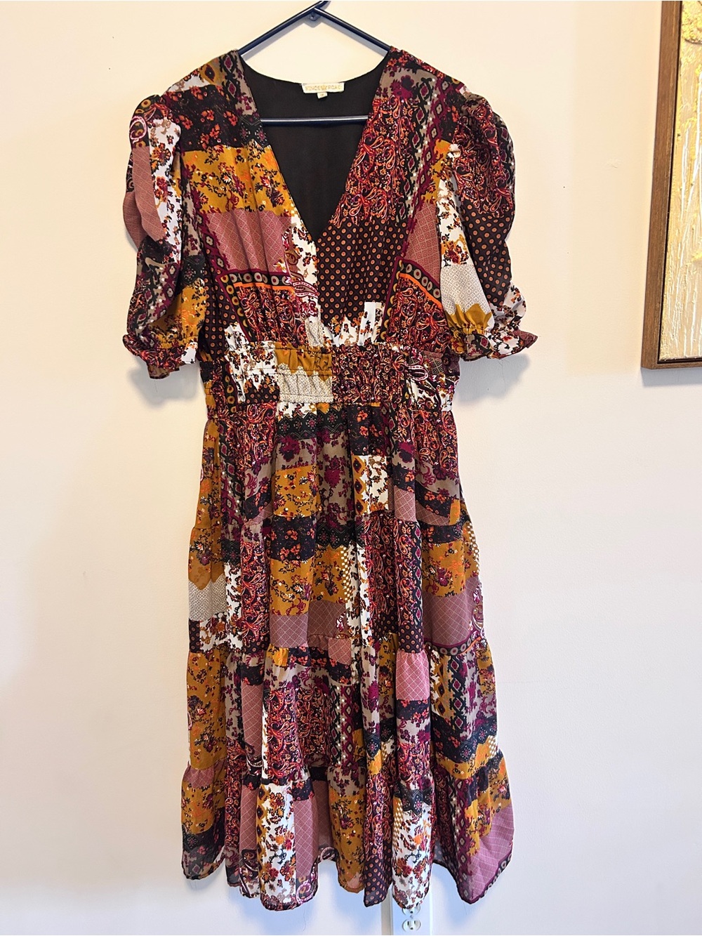 Kings Road Boho Patchwork Paisley Midi Dress V Neck Puff Sleeve 70s Prairie